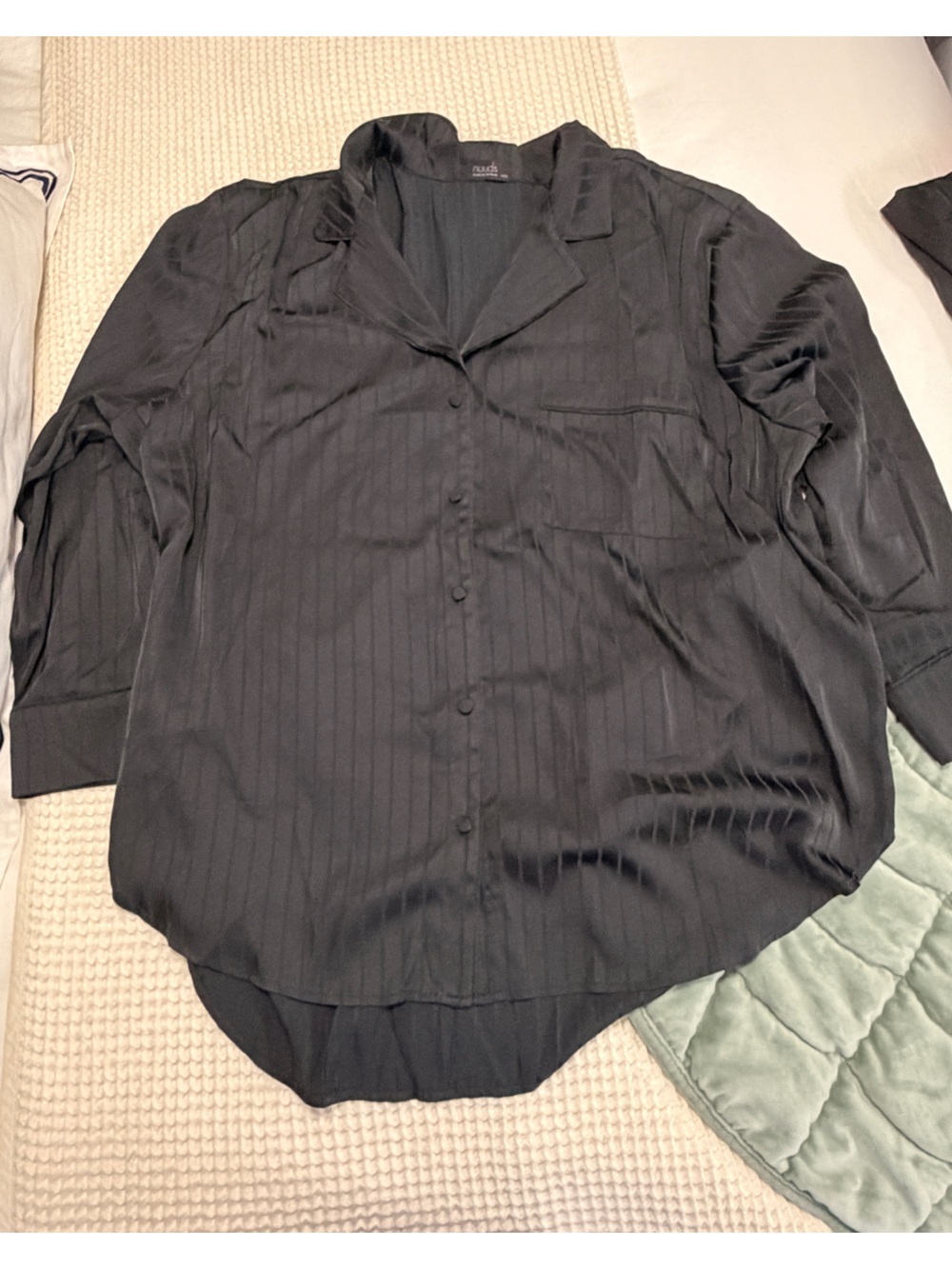 nuuds Black Lightweight Button-Up Shirt/Pant Satin Pin Striped Pajama Set